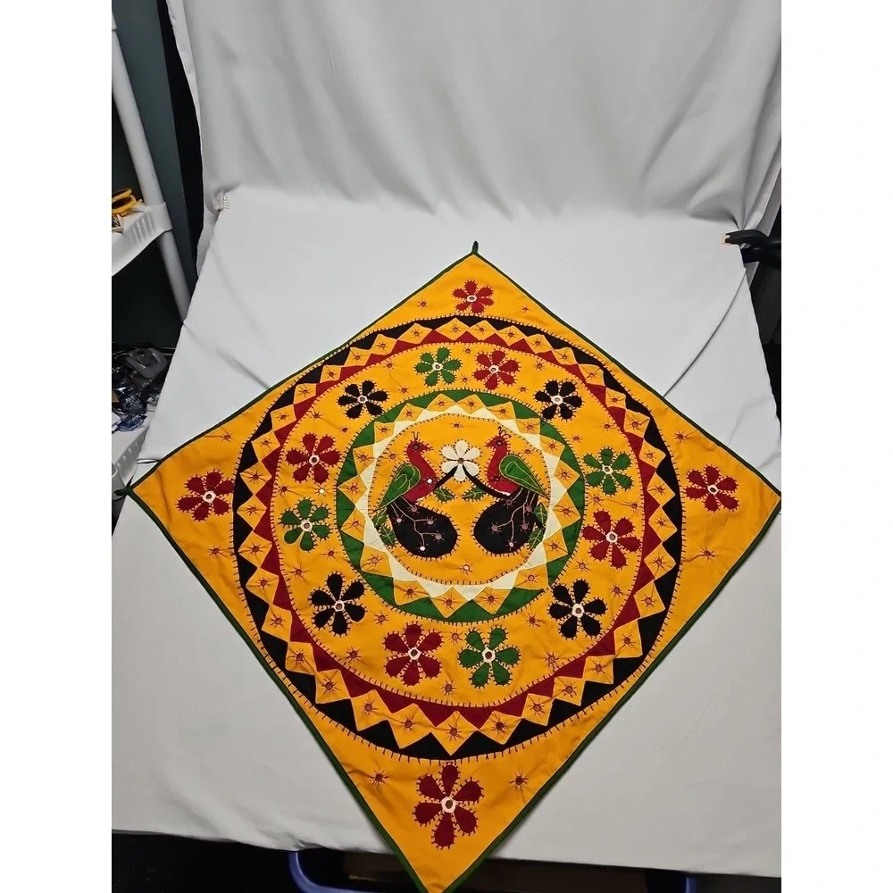 Indian‎ Applique Embroidered Peacock Flowers Wall Hanging 32